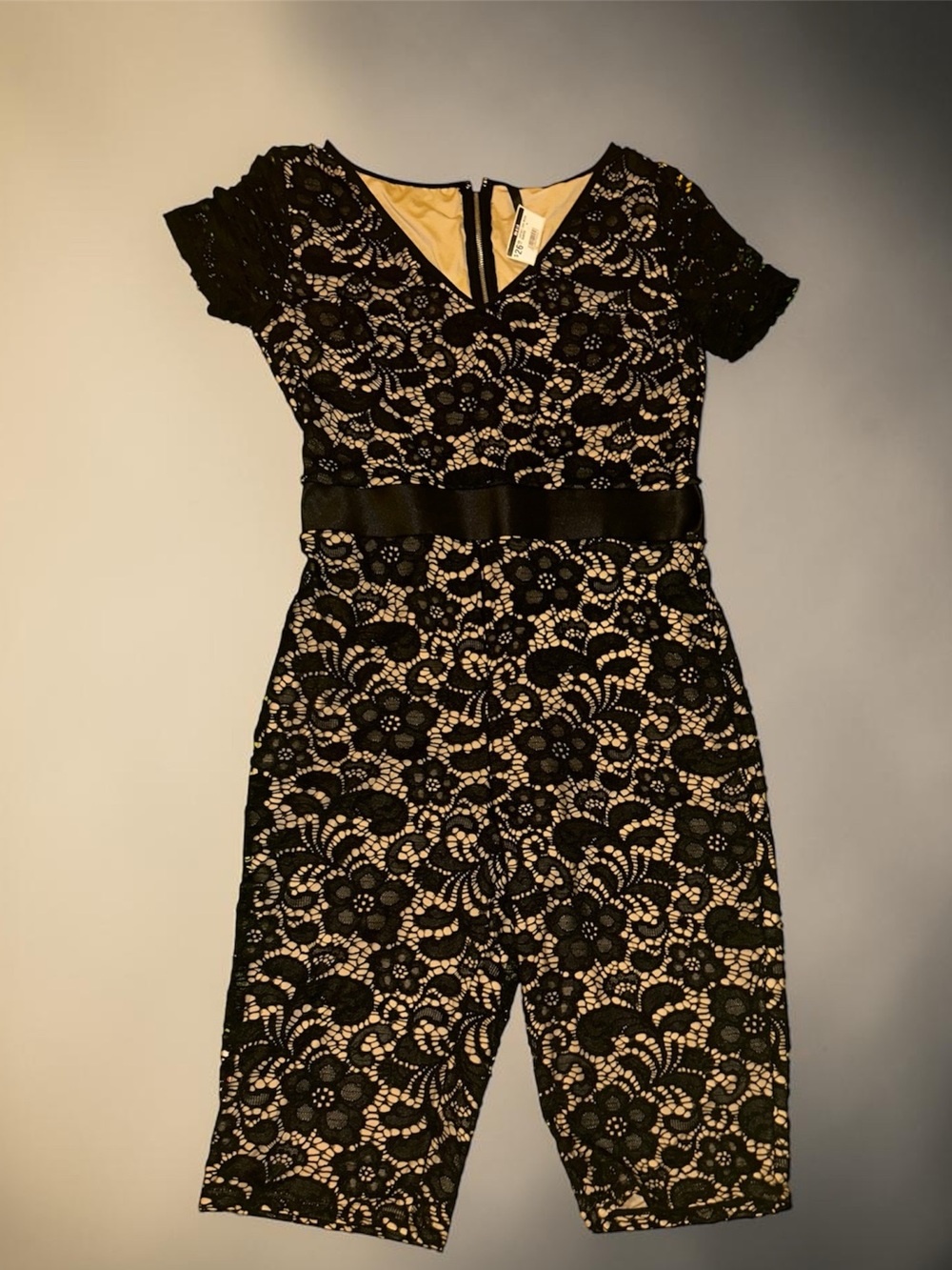Black Lace Overlay Jumpsuit with Nude Lining (Large)